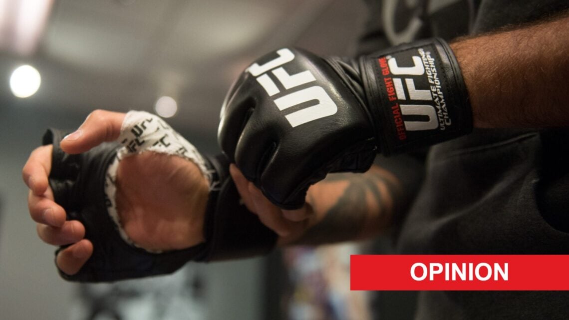 Detailed view of Frantz Slioa's UFC gloves during The Ultimate Fighter in 2015, inset opinion banner