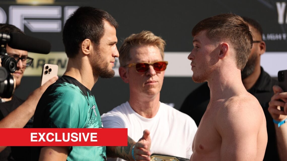 Usman Nurmagomedov, wearing a shirt, faces off with Paul Hughes, shirtless, as John Martin stands between them