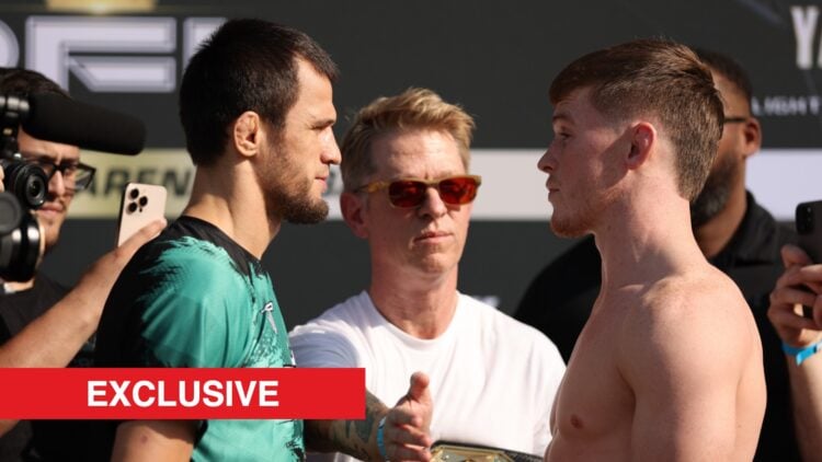 Usman Nurmagomedov, wearing a shirt, faces off with Paul Hughes, shirtless, as John Martin stands between them