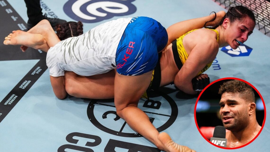 Veronica Hardy attempts armbar submission on Brogan Walker, with inset of Alistair Overeem doing post-fight interview at UFC 203