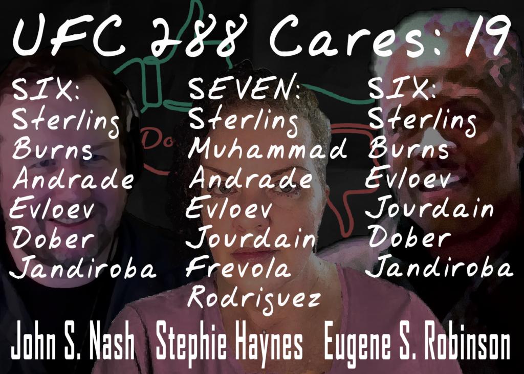 UFC, MMA, UFC Podcast, MMA Podcast, UFC 288, Care/Don't Care Podcast, Eugene S Robinson, John Nash, Stephie Haynes, CDC Care Tally Infographic