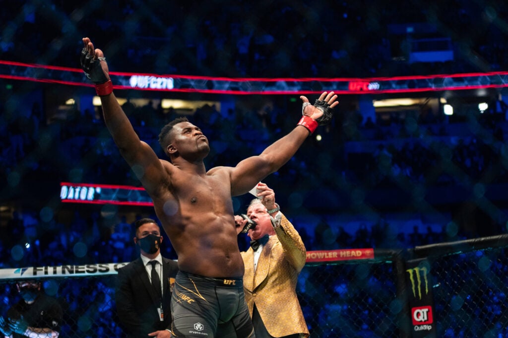 Lineal UFC heavyweight champ Francis Ngannou celebrates his win.