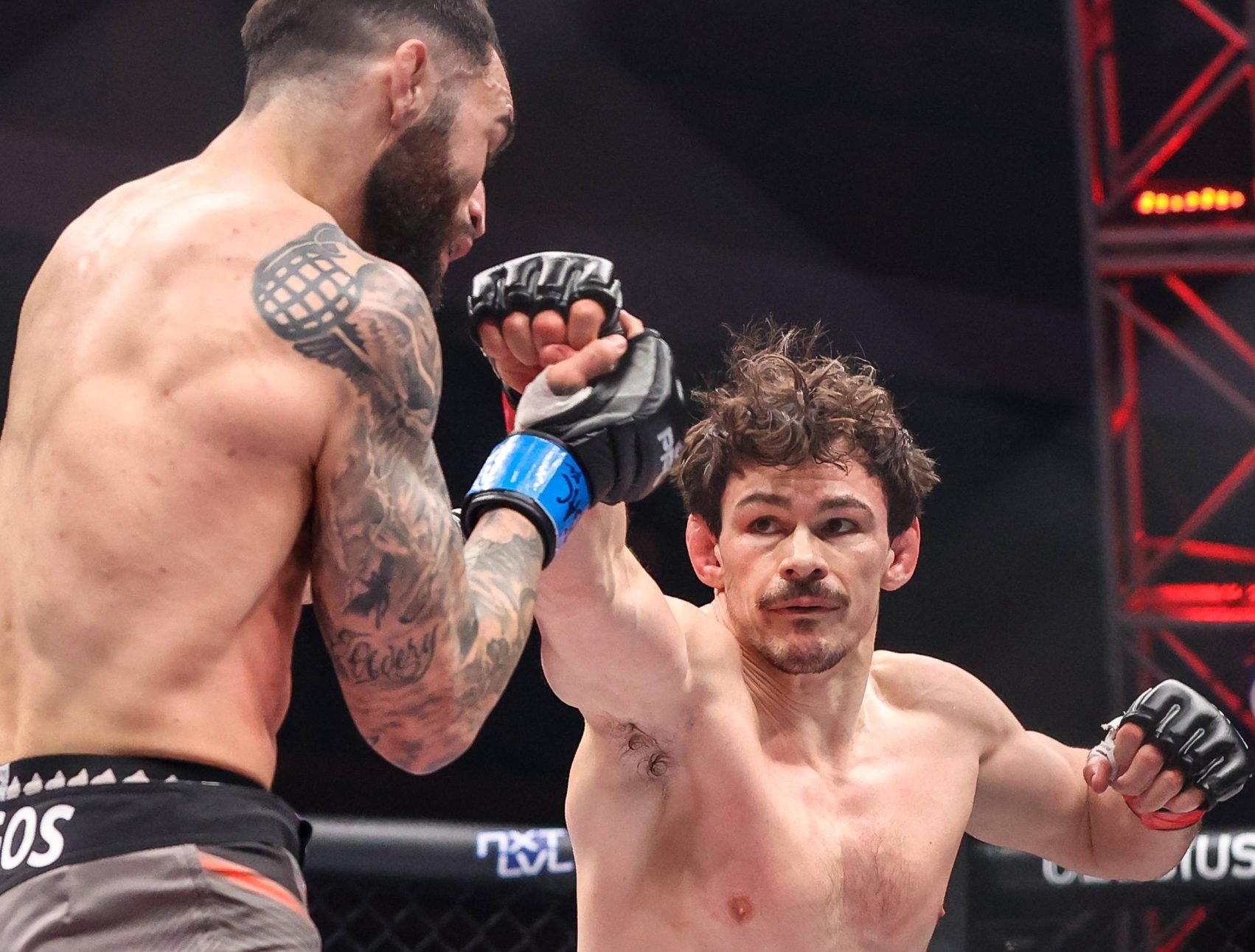 April 14, 2023: (R-L) Lightweight Olivier Aubin-Mercier punches Shane Burgos during the PFL 3 Regular Season Fight Night at The Theater inside the Virgin Hotel on April 14, 2023 in Las Vegas, NV. CSM. Las Vegas United States of America - ZUMAc04_ 20230412_zaf_c04_275 Copyright: xChristopherxTrimx