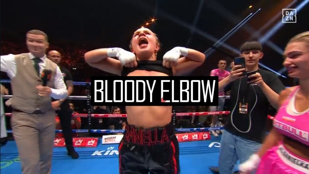Daniella Hemsley celebrates after her unanimous decision win over Ms. Danielka at Kingpyn Boxing. Eddie Hearn