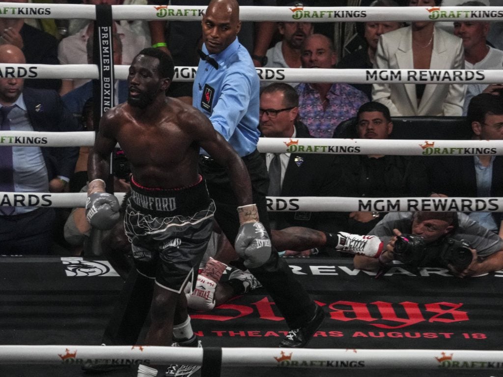 July 29, 2023, Las Vegas, Nevada, USA: Action between WBC, WBA and IBF unified welterweight champion Errol Spence Jr. (28-1 22KOs white black & red) and WBO champion Terence Crawford (40-0 31KOs gray) in a bout for the undisputed welterweight championship of the world. Crawford won the fight by TKO in the 9th round in a sensational performance that say him drop Spence to the canvas multiple times. Las Vegas USA - ZUMAd151 20230729_znp_d151_041 Copyright: xAdamxDelGiudicex
