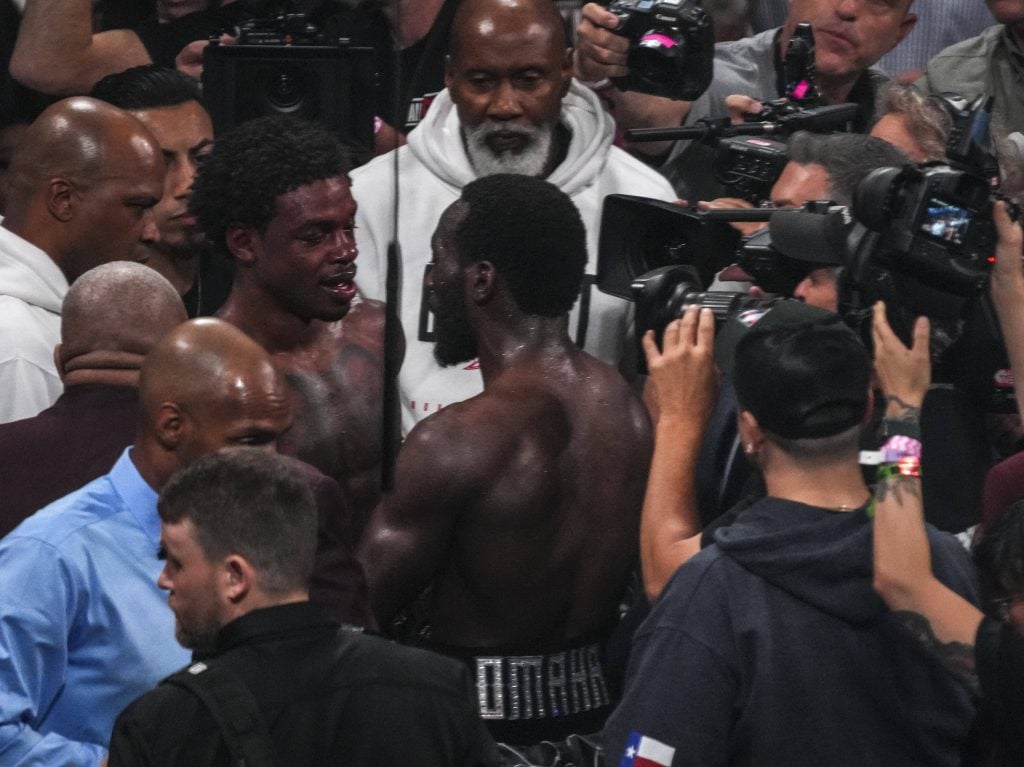 Terence Crawford and Errol Spence exchange words after their fight