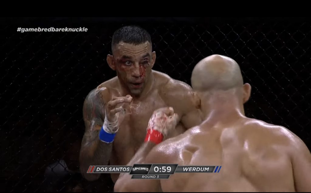 Fabricio Werdum’s eyelid gets badly cut by fellow UFC champ Junior Dos Santos during their main event bout at Gamebred Bareknuckle.