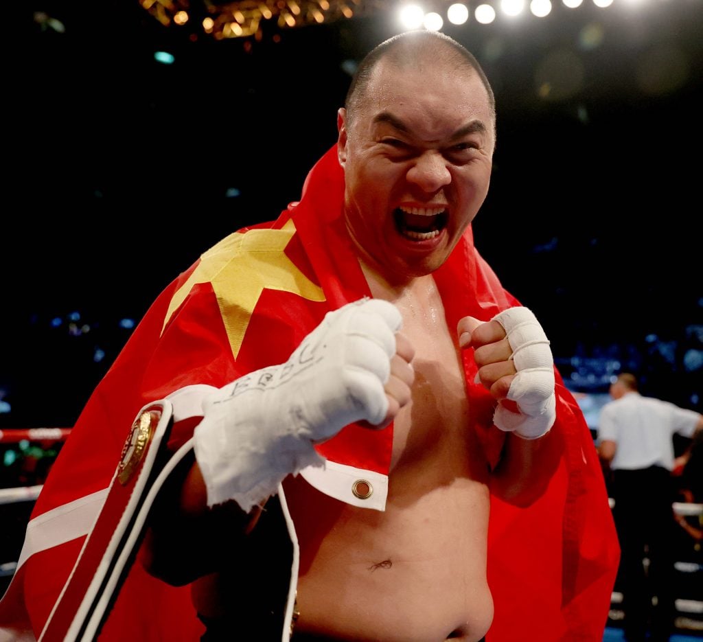 Zhilei Zhang celebrates after his brutal knockout of Joe Joyce in their rematch
