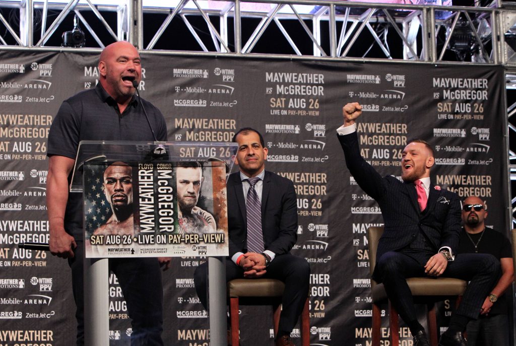 July 11, 2017 - Los Angeles, California, U.S - FLOYD MAYWEATHER and CONOR MCGREGOR (R) ,UFC President Dana White (Speaking) kick off their world tour with a press conference PK Pressekonferenz Tuesday at the Staples Center in Los Angeles,California. Mayweather vs. McGregor will take place Saturday, Aug. 26 at the T-Mobile Arena in Las Vegas. Mayweather-McGregor Los Angeles World Press Tour - ZUMAf136 20170711_zap_f136_013 Copyright: xChrisxFarinax