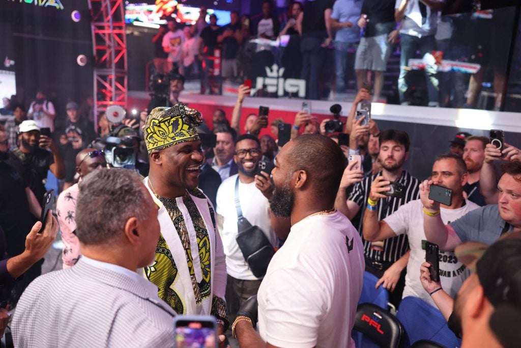 June 17, 2023, Atlanta, Georgia, USA: Atlanta, GA - June 16: MMA GOATS Francis Ngannou and Jon Jones face off during PFL Atlanta 5 on June 16, 2023 at the Overtime Elite Arena in Atlanta, Georgia. Atlanta USA - ZUMAp175 20230617_zsa_p175_005 Copyright: xAaronxLitzx