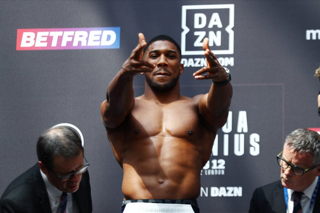 Anthony Joshua v Robert Helenius Weigh-In, London, UK - 11 Aug 2023 Anthony Joshua during the pre-match Anthony Joshua v Robert Helenius weigh-in at Westfield, Hammersmith & Fulham, London on Friday 11th August 2023 London Westfield Hammersmith & Fulham GBR