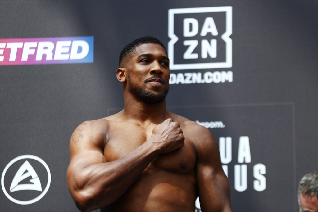 Anthony Joshua v Robert Helenius Weigh-In, London, UK - 11 Aug 2023 Anthony Joshua during the pre-match Anthony Joshua v Robert Helenius weigh-in at Westfield, Hammersmith & Fulham, London on Friday 11th August 2023 London Westfield Hammersmith & Fulham GBR Copyright: xJamesxFearn PPAUKx PPA-043914