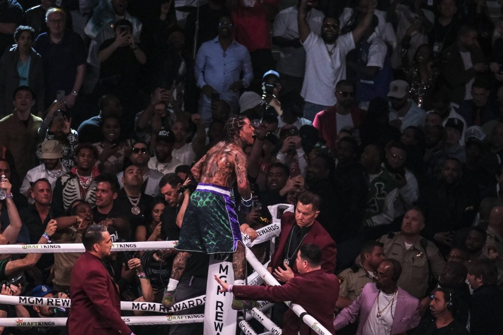 April 22, 2023, Las Vegas, Nevada, USA: Gervonta "Tank" Davis celebrates his win over Ryan Garcia after knocking Garcia out in the 7th round.