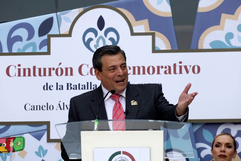 April 26, 2023, Mexico City, Mexico: The president of the World Boxing Council, Mauricio Sulaiman at the presentation of the commemorative belt of the battle of May 5 for the fight of Saul Ã¢â‚¬oeCaneloÃ¢â‚¬Â Alvarez vs John Ryder, on May 6 , in a conference at the Chamber of Deputies in Mexico City. on April 26, 2023 in Mexico City, Mexico Mexico City Mexico - ZUMAe321 20230427_zia_e321_004 