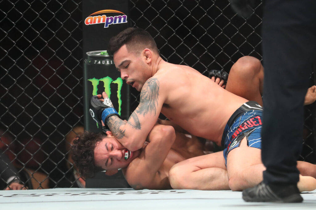 April 8, 2023, Miami, FL, Miami, Florida, United States: MIAMI, FLORIDA - APRIL 8: Christian Rodriguez (top) punches Raul Rosas Jr. in their bantamweight fight during the UFC 287 event at Kaseya Center on April 8, 2023 in Miami, FL, United States. Miami, FL United States - ZUMAp175 20230408_zsa_p175_145 Copyright: xAlejandroxSalazarx