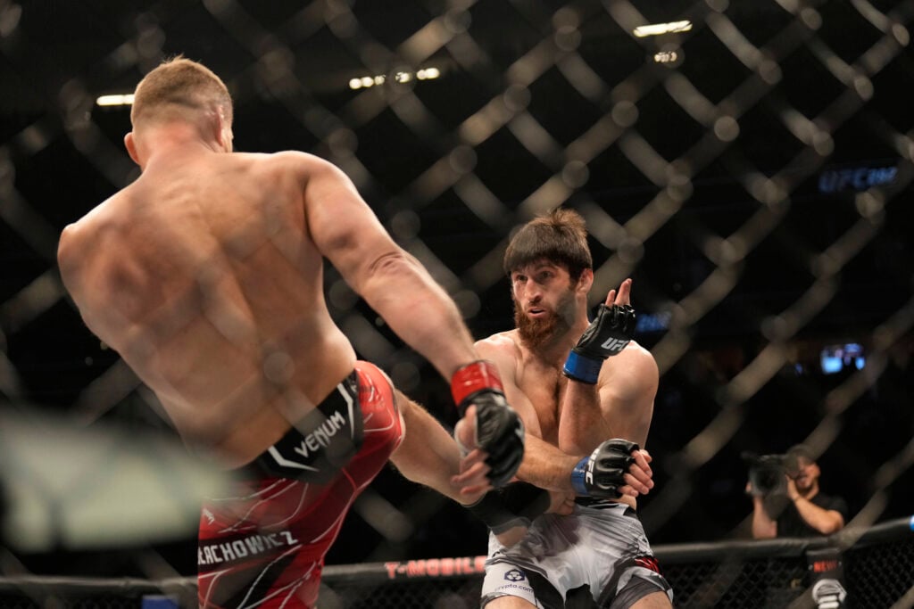 December 10, 2022, Las Vegas, Nevada, Las Vegas, NV, United States: LAS VEGAS, NV - DECEMBER 10: (L-R) Jan Blachowicz kicks Magomed Ankalaev in their Light Heavyweight fight during the UFC 282 event at T-Mobile Arena on December 10, 2022 in Las Vegas, Nevada, United States. Las Vegas, Nevada United States - ZUMAp175 20221210_zsa_p175_213 