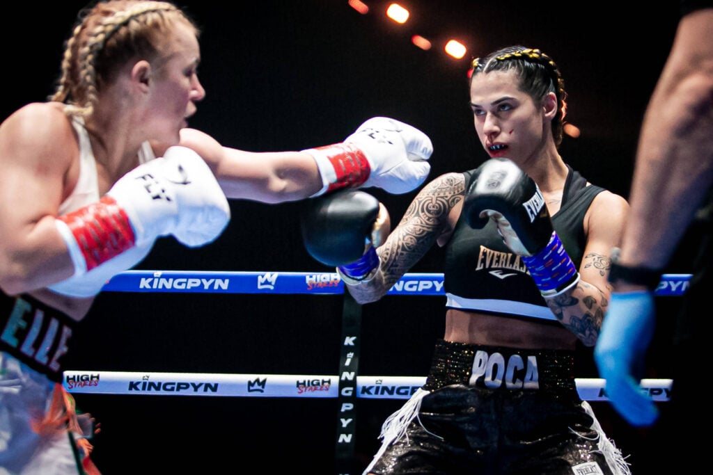 DUBLIN, IRELAND - JULY 15: (L-R) Elle Brooke punches Jully Poca during the Kingpyn Boxing: Semifinal High Stakes tournament event on July 15, 2023, at Three Arena in Dublin, Ireland. (Photo by Danilo Fernandes PxImages Icon Sportswire) BOXING: JUL 15 Kingpyn Boxing High Stakes Tournament EDITORIAL USE ONLY Icon230715311