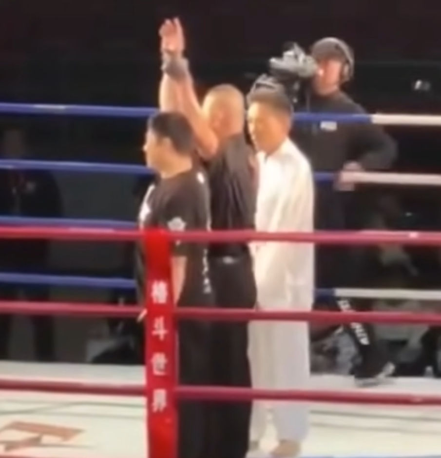 Tai Chi master faces Iron Palm master in a ring in a shoving match