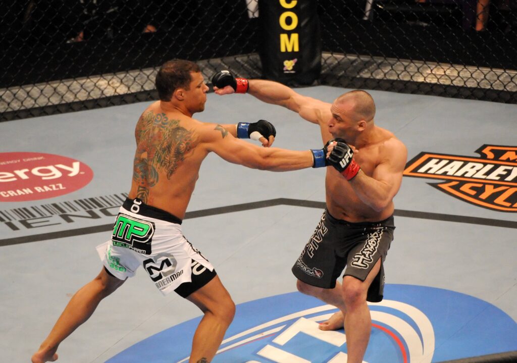 Matt Serra (USA, Right) landed a right hand to K.O. Frank Trigg (USA) at the UFC Relentless event at the Mandalay Bay Casino Resort in Las Vegas,NV on February 6, 2010.