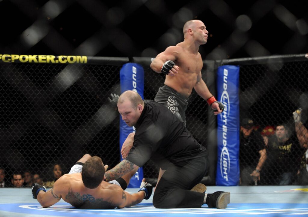 Matt Serra of The United States Defeats Frank Trigg of The United States AS The Referee Stops The Fight during their Welterweight Bout AT UFC 109 Relentless AT The Mandalay Bay Events Center in Las Vegas Nevada USA 