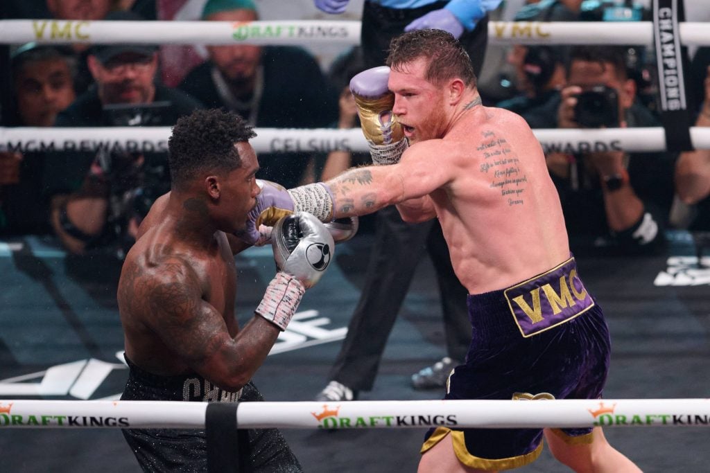 Saul -Canelo- Alvarez MEX vs Jermell Charlo USA - Fight Jermell Charlo USA and Saul - Canelo-Alvarez MEX during the Boxing fight for the super middleweight titles of the World Boxing Association WBA, International Boxing Federation IBF, World Boxing Council WBC and the World Boxing Organization WBO, at T-Mobile Arena on September 30, 2023.