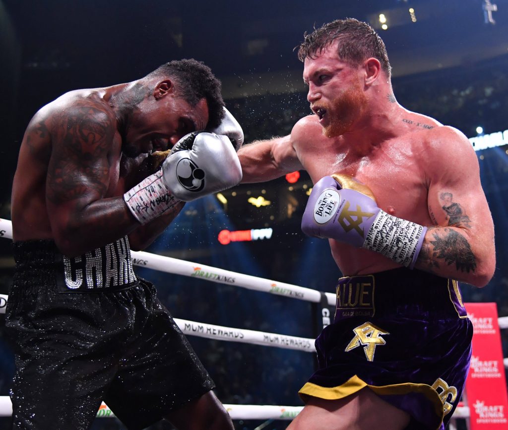 September 30, 2023, Las Vegas, Nevada, USA: CANELO ALVAREZ with a quick right hook to JARMELL CHARLO during boxing match for the Undisputed Super Middleweight Championship at the T-Mobile Arena Las Vegas. 