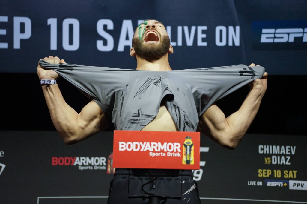 LAS VEGAS, NV - SEPTEMBER 9: Ion Cutelaba weighs in for their UFC 279 bout during the ceremonial weigh-ins on September 9, 2022, at the MGM Grand Arena in Las Vegas, NV. (Photo by Amy Kaplan Icon Sportswire) MMA: SEP 09 UFC 279 Icon220909455279