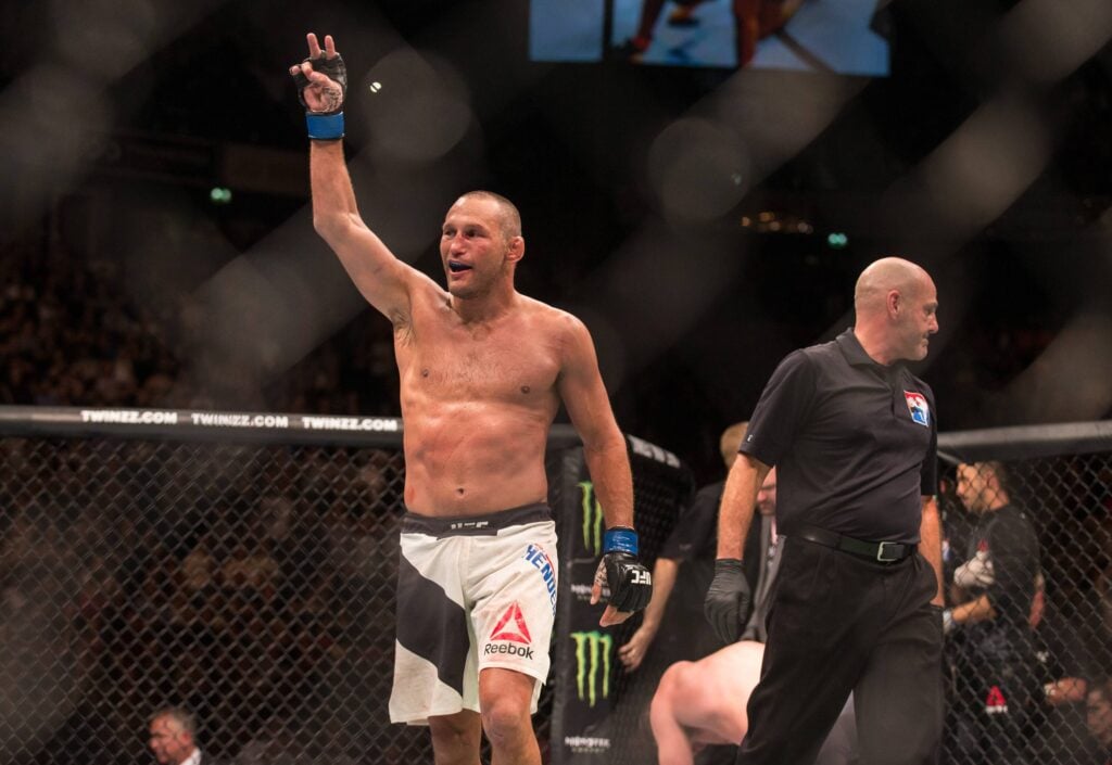 Dan ?Hendo? Henderson ? No.12 UFC middleweight contender raises his arm at the end of the fight during the UFC 204 - Manchester match between Michael The Count BISPING and Dan Hendo Henderson at Manchester Arena , Hunts Bank, England on 9 October 2016. PMI-0695