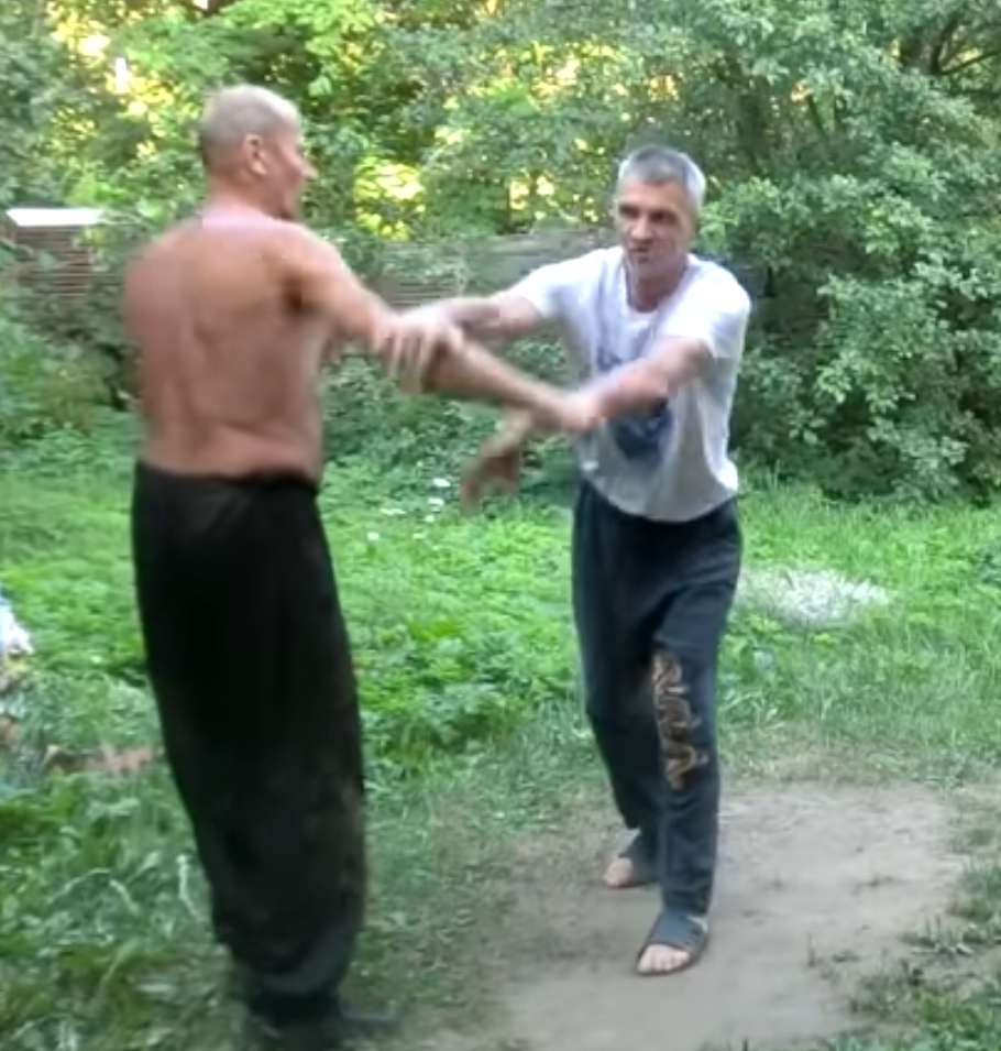 Old men in Russia attempting martial arts techniques