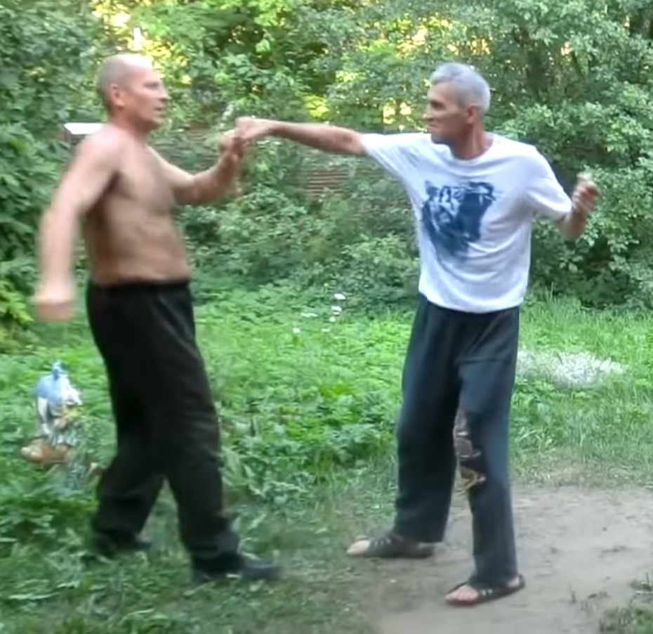 Old men in Russia attempting martial arts techniques