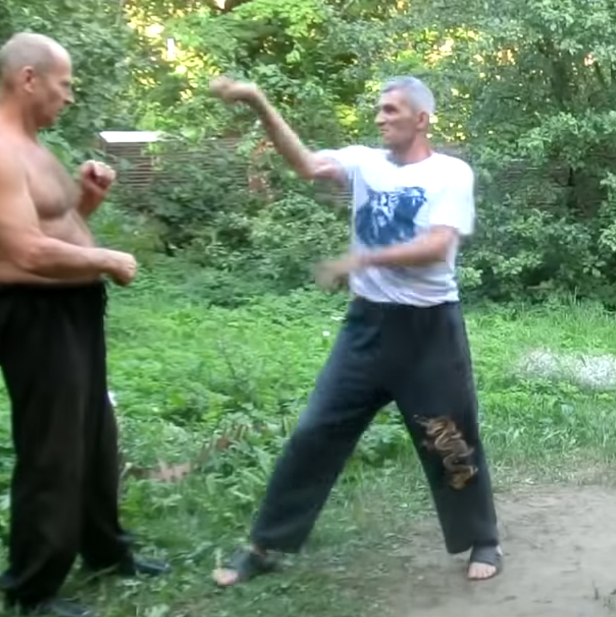 Old men in Russia attempting martial arts techniques