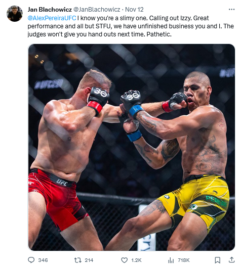 Tweet: "I know you're a slimy one. Calling out Izzy. Great performance and all but STFU, we have unfinished business you and I. The judges won't give you hand outs next time. Pathetic."