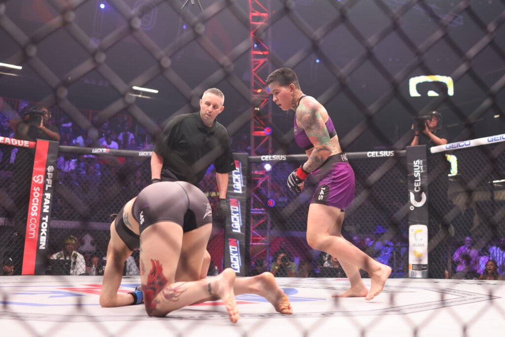 June 16, 2023, Atlanta, Georgia, USA: Atlanta, GA - June 16: (R-L) Larissa Pacheco drops Amber Leibrock during PFL Atlanta 5 on June 16, 2023 at the Overtime Elite Arena in Atlanta, Georgia. Atlanta USA - ZUMAp175 20230616_zsa_p175_174 