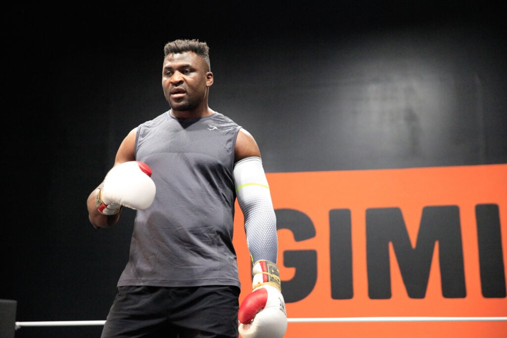 Francis Ngannou at the Tyson Fury vs. Francis Ngannou open workout on September 26, 2023, at Ngannou™s private gym in Las Vegas, NV.