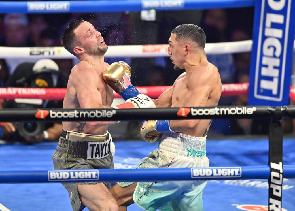 NEW YORK, NY - JUNE 10: Josh Taylor (red tape) takes on Teofimo Lopez (blue tape) in a jr. welterweight bout for Top Rank Boxing on June 10, 2023 at The Theater at Madison Square Garden in New York, NY. (Photo by Williams Paul Icon Sportswire) BOXING: JUN 10 Top Rank Boxing at The Theater at Madison Square Garden EDITORIAL USE ONLY Icon23061010275