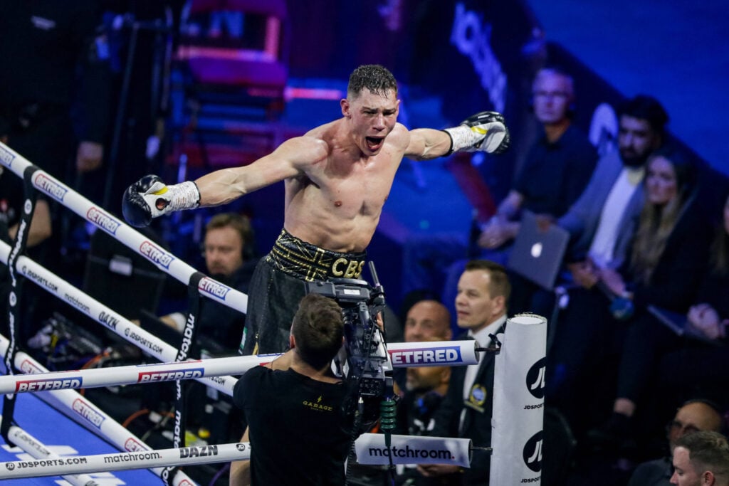 Chris Billam Smith celebrates winning after the Matchroom Boxing bout between Chris Billam Smith and Tommy McCarthy at AO Arena, Manchester, United Kingdom on 16 April 2022.