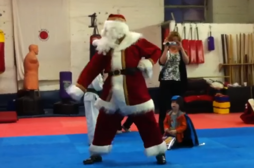 Santa Claus in the dojo doing Karate