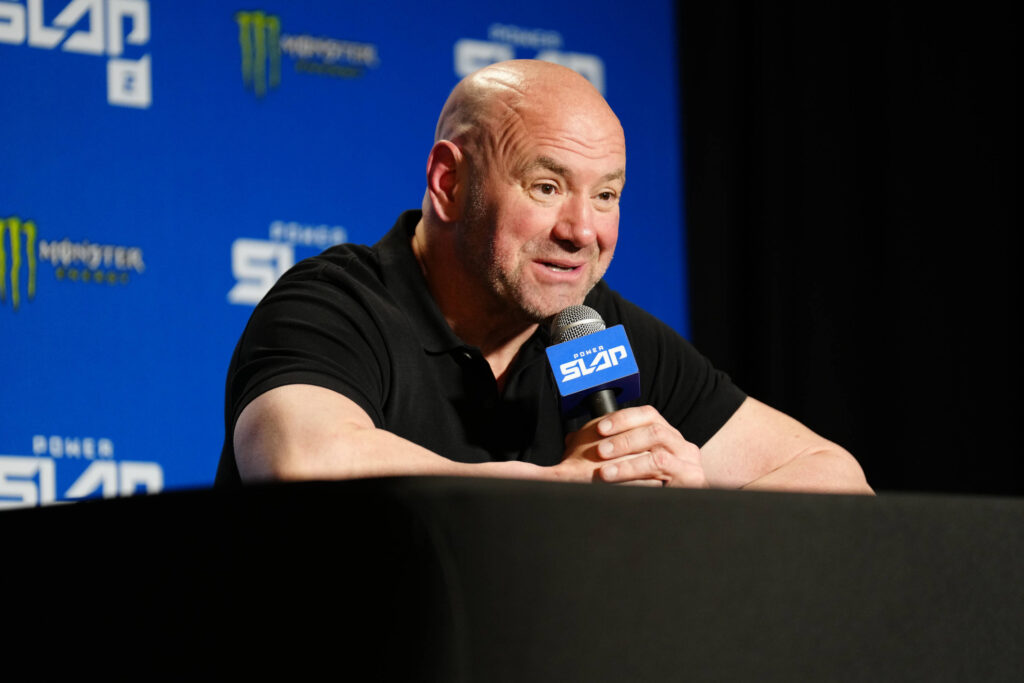 LAS VEGAS, NV - MAY 24: Dana White speaks with the press following the event for Power Slap 2 - Wolverine vs Bell on May 24, 2023, at UFC Apex in Las Vegas, NV. (Photo by Louis Grasse PxImages Icon Sportswire) OTHER: MAY 24 Power Slap 2 - Wolverine vs Bell EDITORIAL USE ONLY Icon30520042