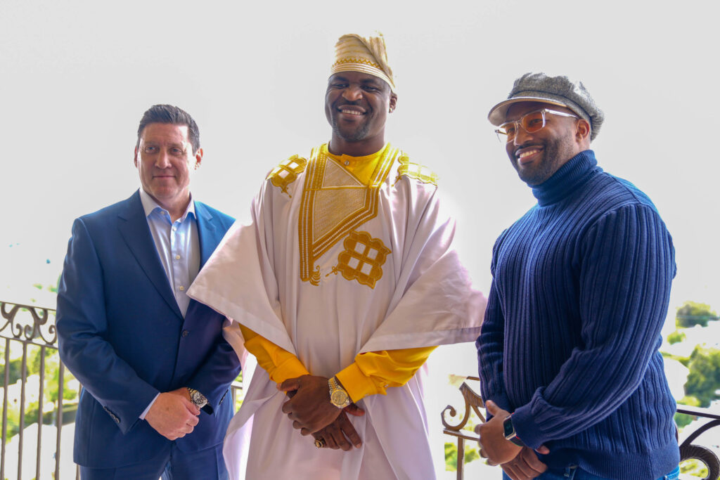 May 15, 2023, Los Angeles, CA, Los Angeles, CA, United States: Los Angeles, CA - May 16: (L-R) Peter Murray, CEO of PFL, Francis Ngannou and Miguel Martin at Professional Fighters League - Contract Signing at Beverly Wilshire, A Four Seasons Hotel on May 15, 2023 in Los Angeles, CA Los Angeles, CA United States - ZUMAp175 20230515_zsa_p175_004 