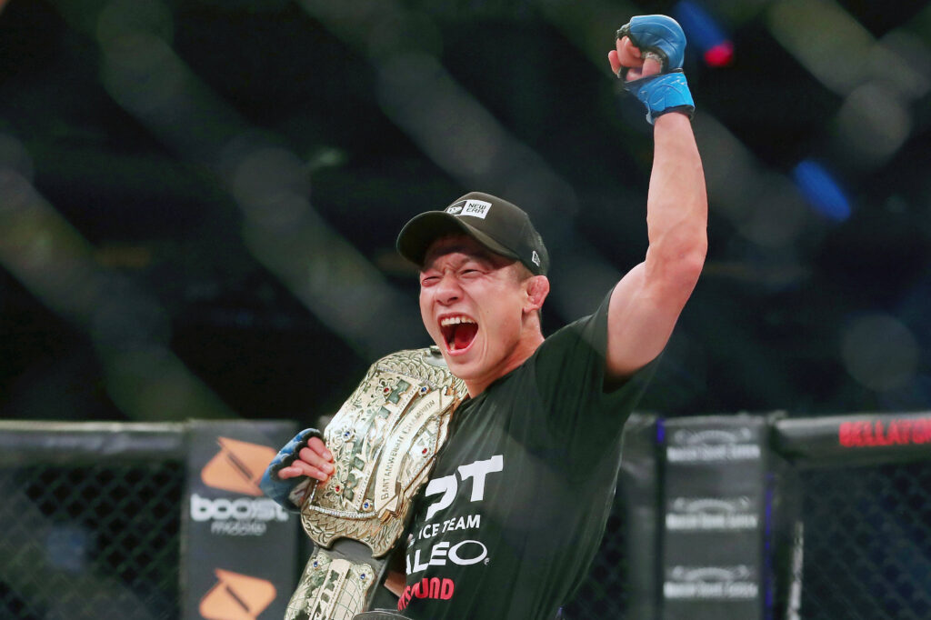 RIZIN FF 45's Kyoji Horiguchi celebrates after his win over Darrion Caldwell (not pictured) during Bellator 222 at Madison Square Garden. Horiguchi won the fight by unanimous decision.