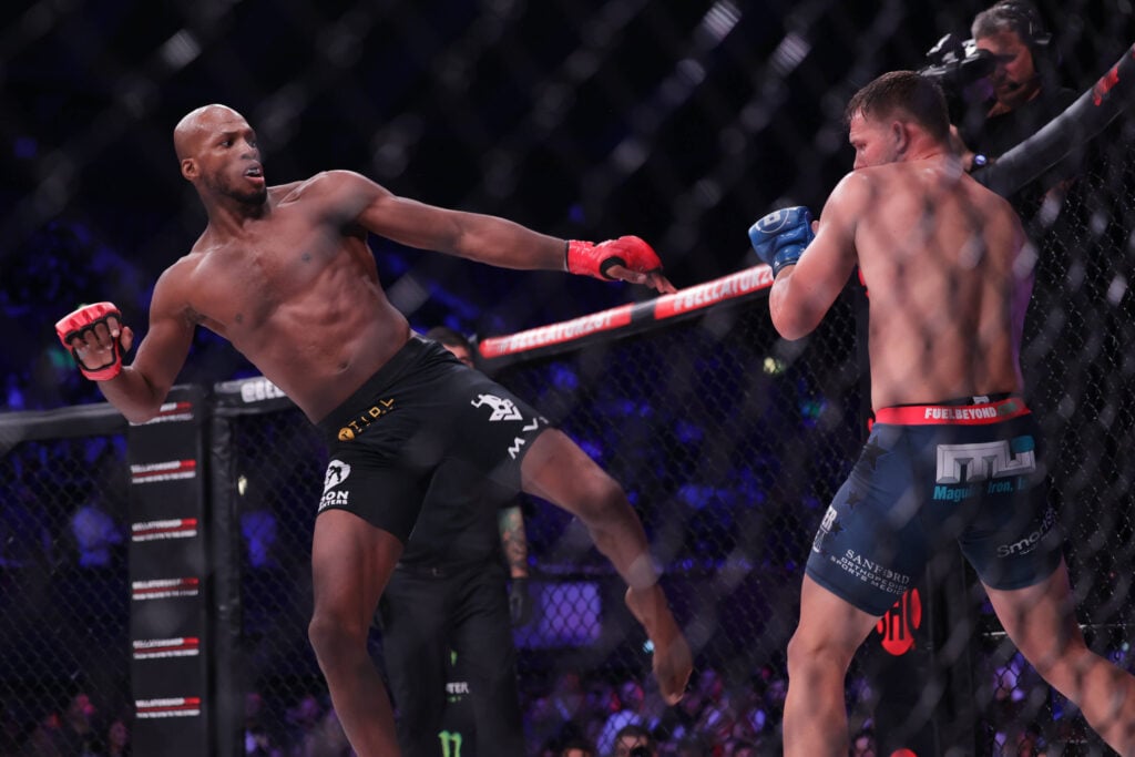 MMA Bellator 281SSE Michael Page kicks Logan Storley during the Bellator 281: MVP vs. Storley event at the SSE Arena, Wembley, London on Friday 13th May 2022. London Greater London United Kingdom PUBLICATIONxNOTxINxFRA originalFilename:fletcher-mmabella220513_npMg7.jpg