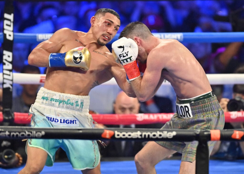 NEW YORK, NY - JUNE 10: Josh Taylor (red tape) takes on Teofimo Lopez (blue tape) in a jr. welterweight bout for Top Rank Boxing on June 10, 2023 at The Theater at Madison Square Garden in New York, NY. (Photo by Williams Paul Icon Sportswire) BOXING: JUN 10 Top Rank Boxing at The Theater at Madison Square Garden EDITORIAL USE ONLY Icon23061010272