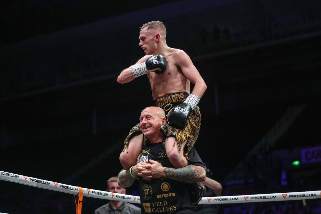 Sunny Edwards, who fights Bam Rodriguez this weekend, celebrates his win over Felix Alvarado last year