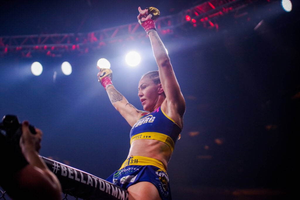 October 7, 2023, San Diego, CA, California, USA: Cris Cyborg celebrates after defending her Bellator Featherweight Title, San Diego, California, United States. ( PxImages) San Diego, CA USA - ZUMAp175 20231007_zsa_p175_006 