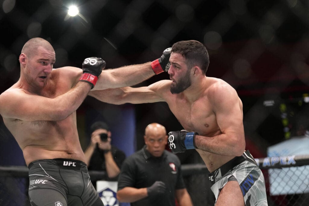 January 14, 2023, Las Vegas, NV, LAS VEGAS, NV, United States: LAS VEGAS, NV - JANUARY 14: (R-L) Nassourdine Imavov punches Sean Strickland in their 5-round bout at UFC Apex for UFC Fight Night - Vegas 67 - Strickland vs Imavov - Event on January 14, 2023 in Las Vegas, NV, United States. Las Vegas, NV United States - ZUMAp175 20230114_zsa_p175_032 