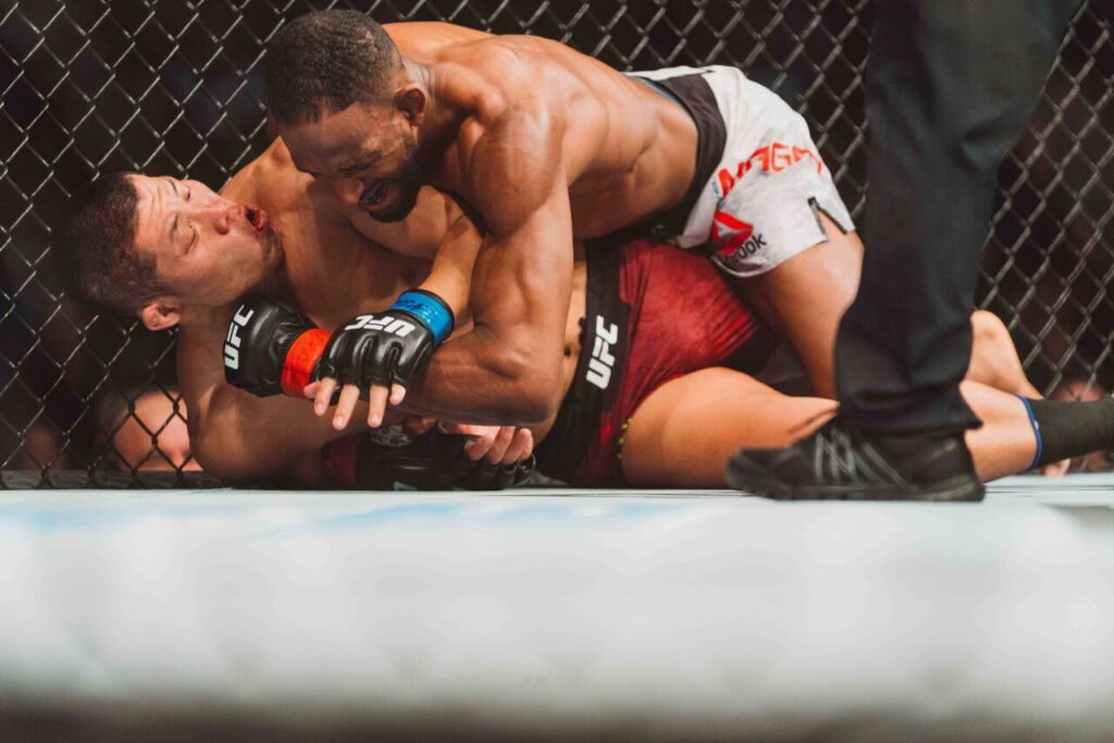 March 8, 2020, Las Vegas, Nevada, USA: Welterweight Bout Neil Magny(Red Corner) vs Li Jingliang(Blue Corner) at UFC 248. Las Vegas USA - ZUMA 20200308_mda_s253_695 