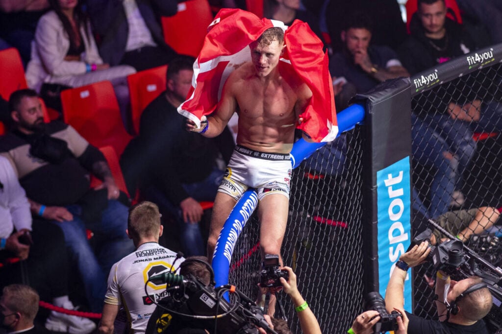 Jonas Magard, (Magard) of Danmark celebrates victory after the fights with Czech Filip Macek during the Oktagon Prime 4 event, in Pardubice, Czech Republic, November 6, 2021.
