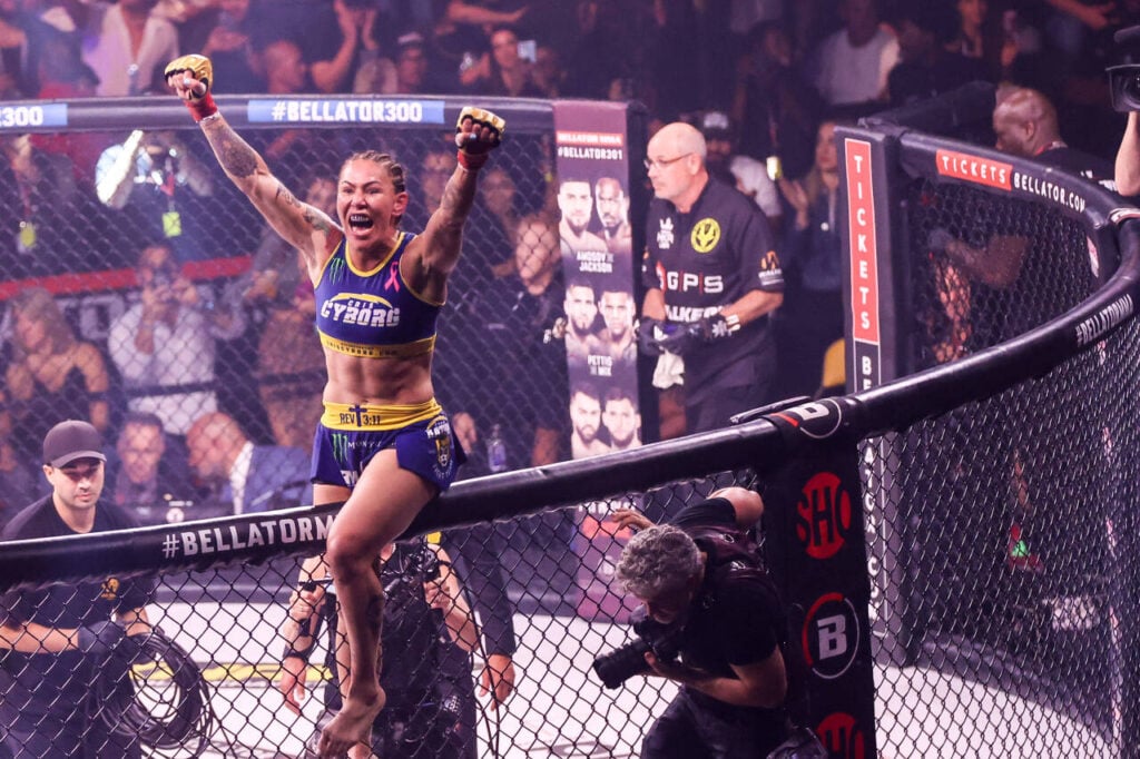 October 7, 2023: (R-L) Featherweight Champion Cris Cyborg celebrates her victory following her fight at the Bellator 300 event at Pechanga Arena on October 7, 2023 in San Diego, CA. CSM. San Diego United States of America - ZUMAc04_ 20231007_zma_c04_481 