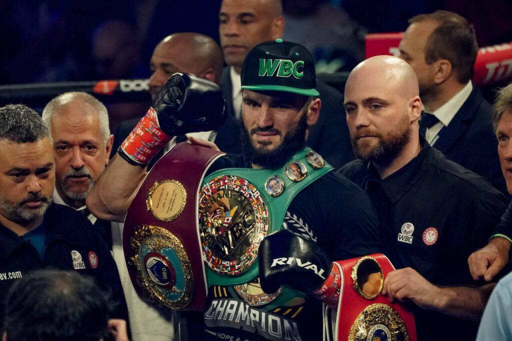 ARTUR BETERBIEV celebrates after defeating Joe Smith, Jr. by 2nd round TKO in a WBO IBF WBC Light Heavyweight championship bout at Madison Square Garden in New York, New York.