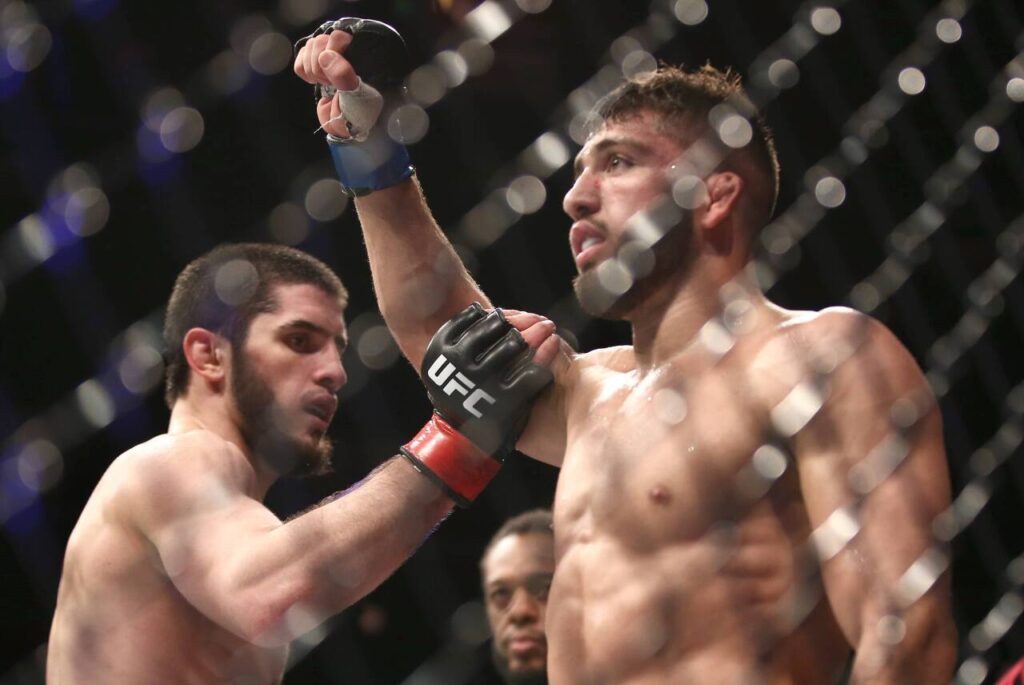 ST PETERSBURG, RUSSIA - APRIL 20, 2019: Russian mixed martial artists Islam Makhachev (L) and Arman Tsarukyan after their lightweight bout as part of the UFC Fight Night 149 at Yubileyny Sports Palace. Valery Sharifulin TASS PUBLICATIONxINxGERxAUTxONLY TS0A903C